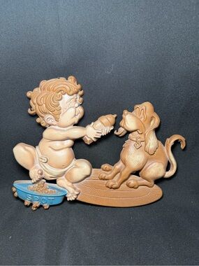 Vtg Sexton Cast Metal Bathroom Wall Plaque Boy Dog Spot 1976 USA Wall Hanger